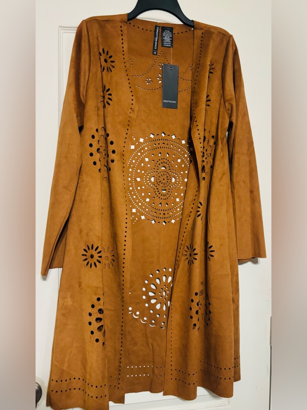 Cutout Suede-Feel Open Cardigan - Cognac Brown
